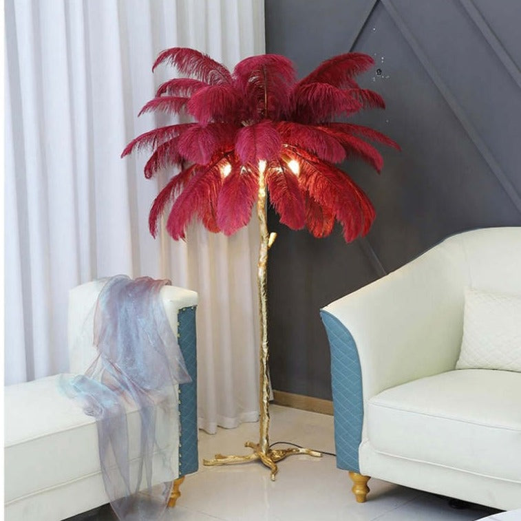Luminária de Chão/Mesa Salenor Nórdica de Luxo com Penas de Avestruz Únicas