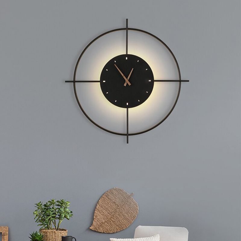 Candeeiro de Parede Redondo Norva Moderno com Relógio, Dourado/Preto