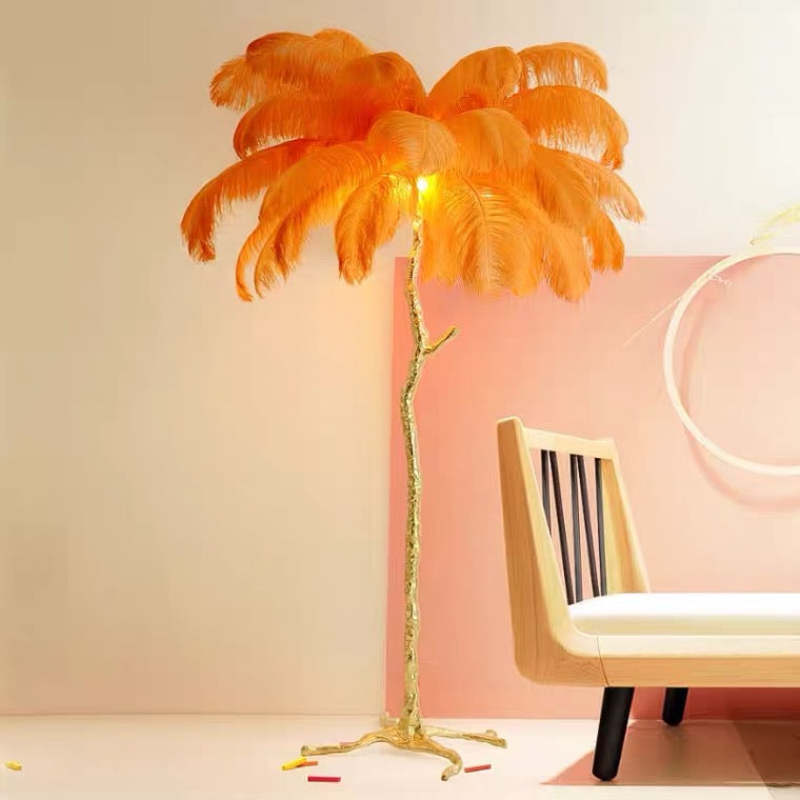 Luminária de Chão/Mesa Salenor Nórdica de Luxo com Penas de Avestruz Únicas