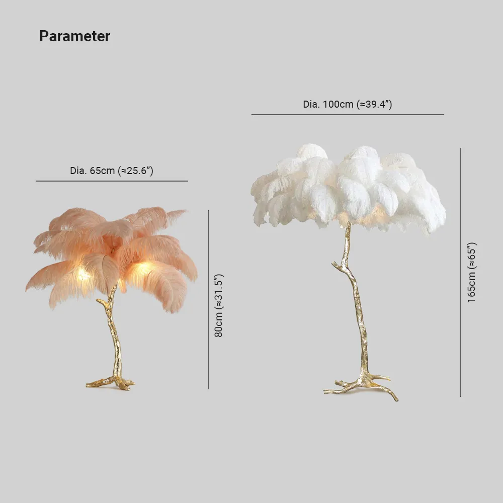 Luminária de Chão/Mesa Salenor Nórdica de Luxo com Penas de Avestruz Únicas